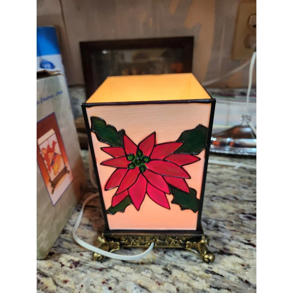 Tiffany Style Plastic Small Christmas Lamp Bells Red Flower Mistletoe Boxed